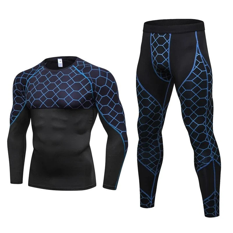 Men's compression athletic wear set with grid pattern, including long-sleeve top and fitted pants in various colors
