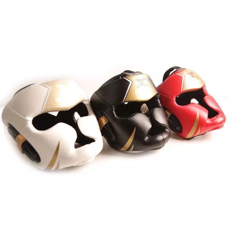 Children's full protection boxing helmet in red, white, black for boxing, Sanda, Taekwondo