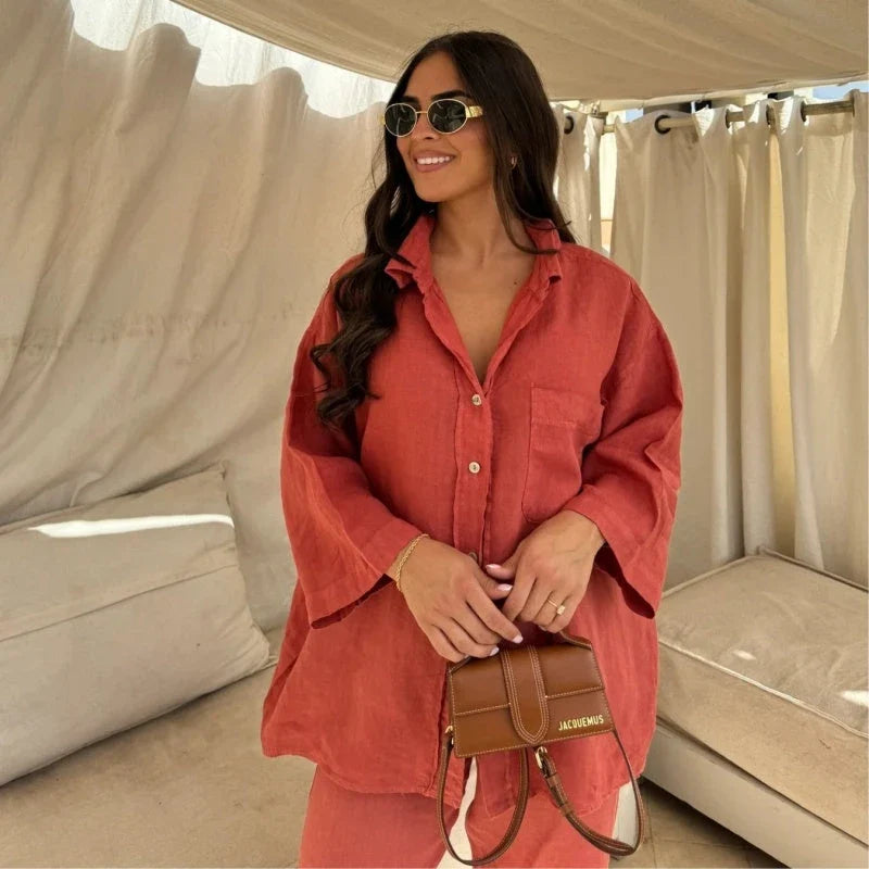 Women's stylish polyester lounge set with wide-leg pants and long-sleeved shirt in various colors