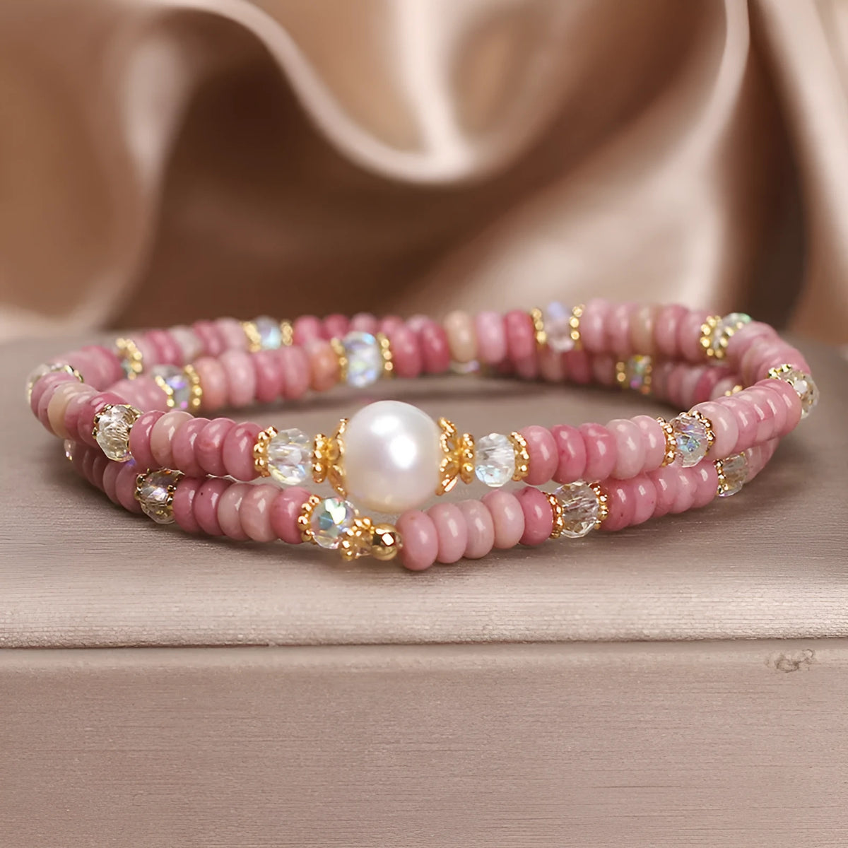 Natural colour hair crystal bracelet with red rhodochrosite double circle, pearl and chalcedony lotus seedpod pendant for women