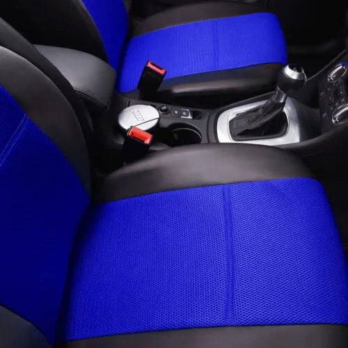 Artificial leather car seat covers in black, showing 9-piece set with headrest and seat protection on a 5-seater car
