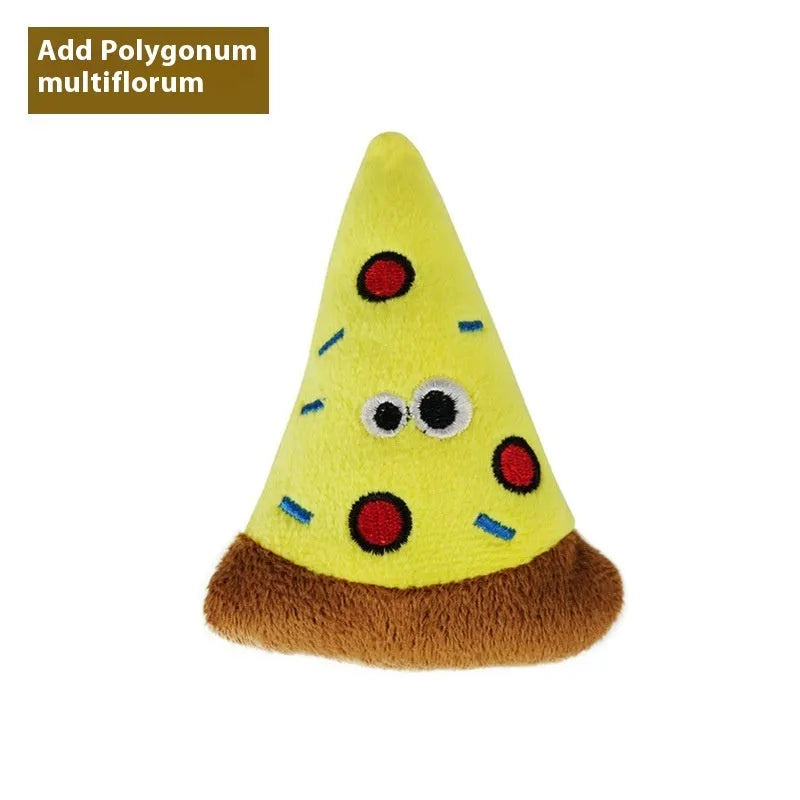 Tiantianmao plush catnip pillow toy in burrito, pizza, pineapple, cucumber, cone, and mushroom shapes.