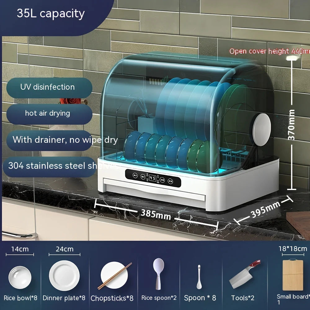 White desktop kitchen disinfection dryer with compact design showing control panel and 360° constant temperature technology