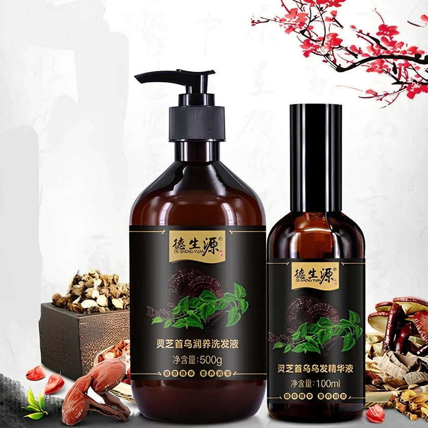 Black Polygonum shampoo bottle with herbal extracts for hair moisturisation and nutrition in 100ml or 200ml sizes