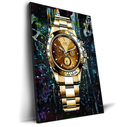 Spray-painted watch graffiti canvas art on oil painting cloth with white border