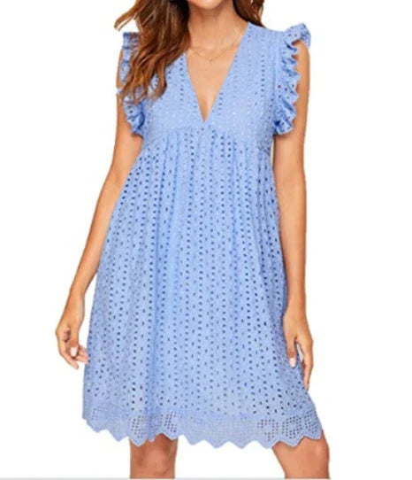 A sleeveless summer dress with a unique jacquard design, lace details, and pockets in various colors