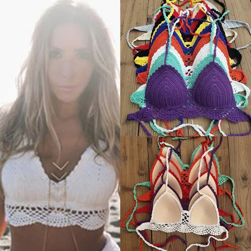 Boho crochet bra in various colors with backless design and chest pad