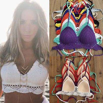 Boho crochet bra in various colors with backless design and chest pad