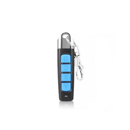 Rolling door remote control transmitter with compact black housing showing dimensions and control buttons
