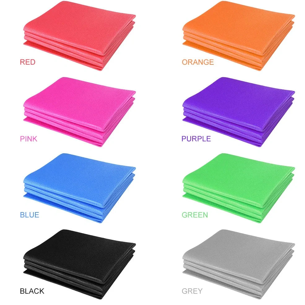 Blue folding yoga mat showing zipper system and handles with 173cm length measurement