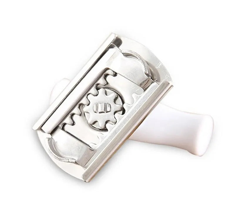 White stainless steel adjustable manual bottle opener with ABS handle on a plain background
