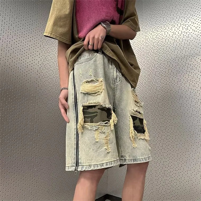 Men's summer ripped camouflage denim shorts in yellow mud colours with straight leg Korean style design and fifth pants length construction, sized from S to 3XL for casual warm-weather wear