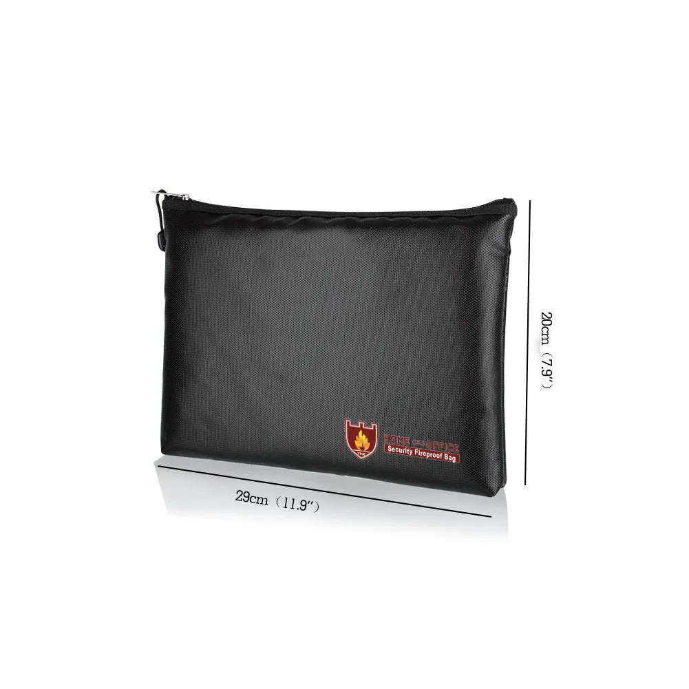 Black fire-proof contract document bag shown in three sizes for business paperwork storage
