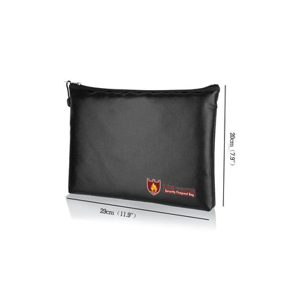 Black fire-proof contract document bag shown in three sizes for business paperwork storage