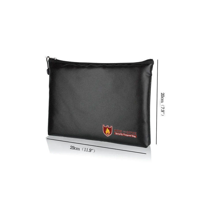 Contract information document bag with fire-proof material available in three sizes S 27cm x 16cm, M 27cm x 16cm, L 34cm x 25cm for secure storage of business paperwork and legal documents in black colour