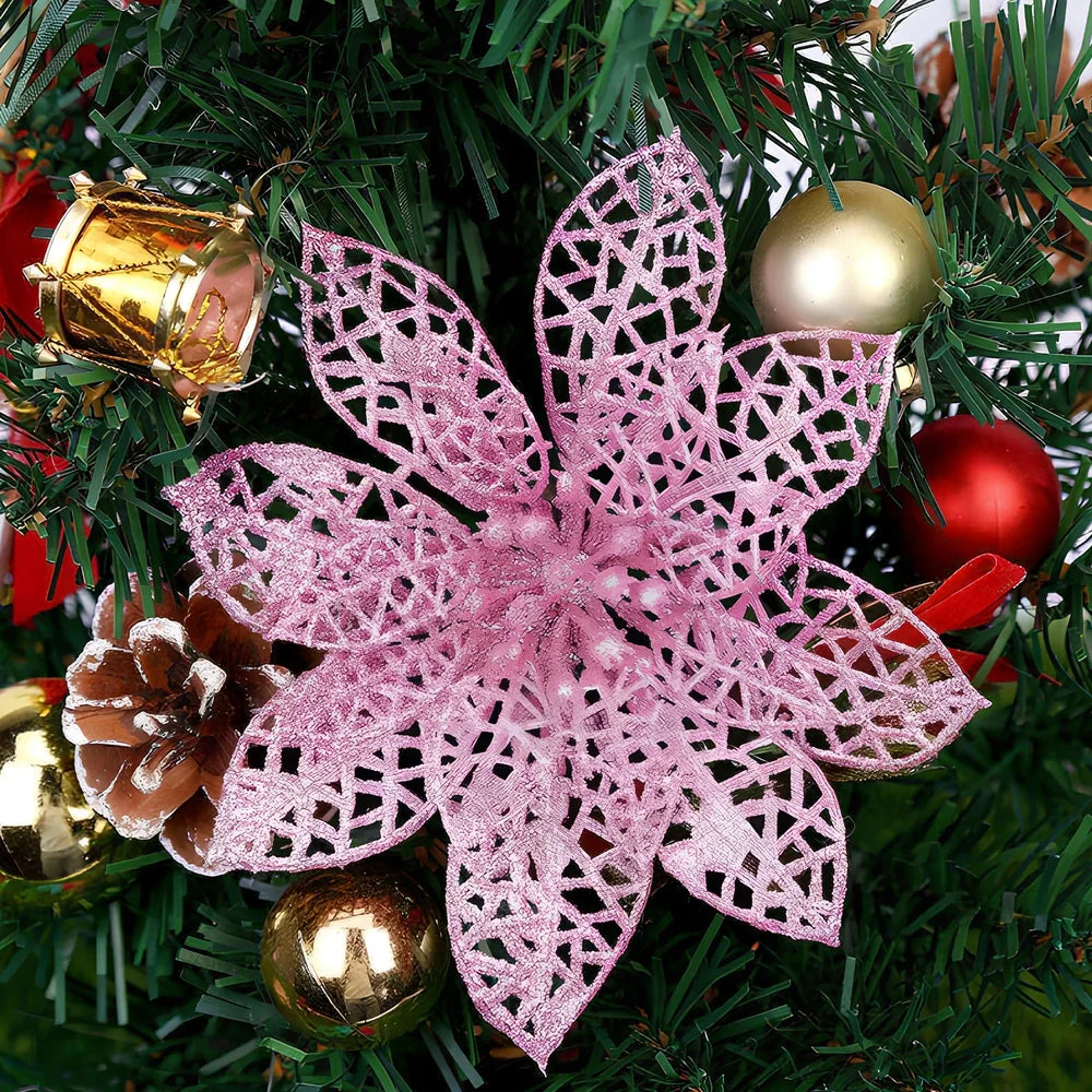 Set of 10 golden 15cm glitter flowers for Christmas trees in gold, silver, red colours