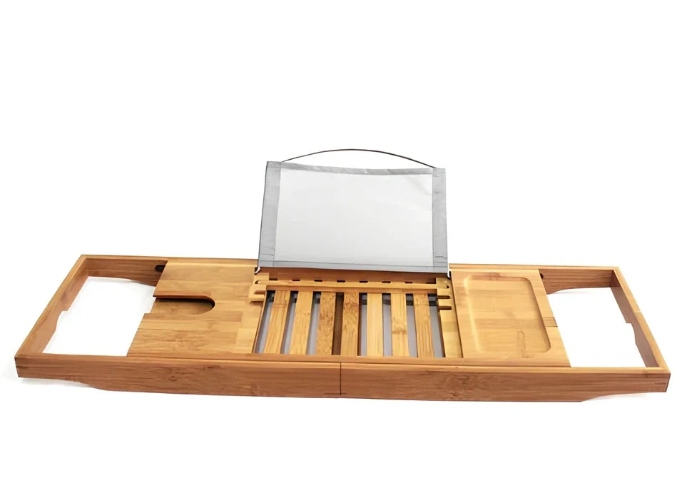 Natural bamboo bathtub frame with desktop installation for bathroom storage, measuring 45cm long