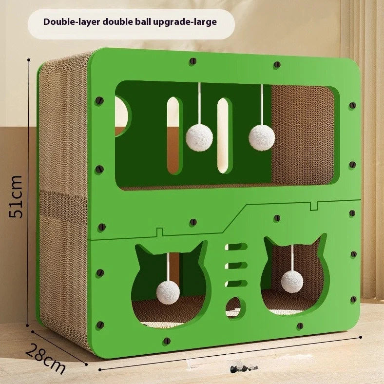 Double layer cat scratching board with owl design panel and integrated resting nest