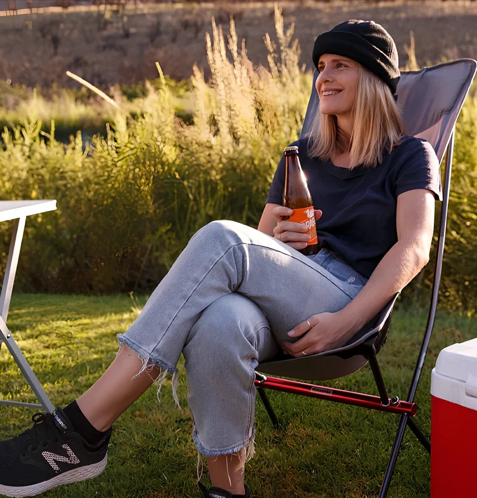 Ultralight aluminium camping chair folded with carry bag, showing compact 45cm size