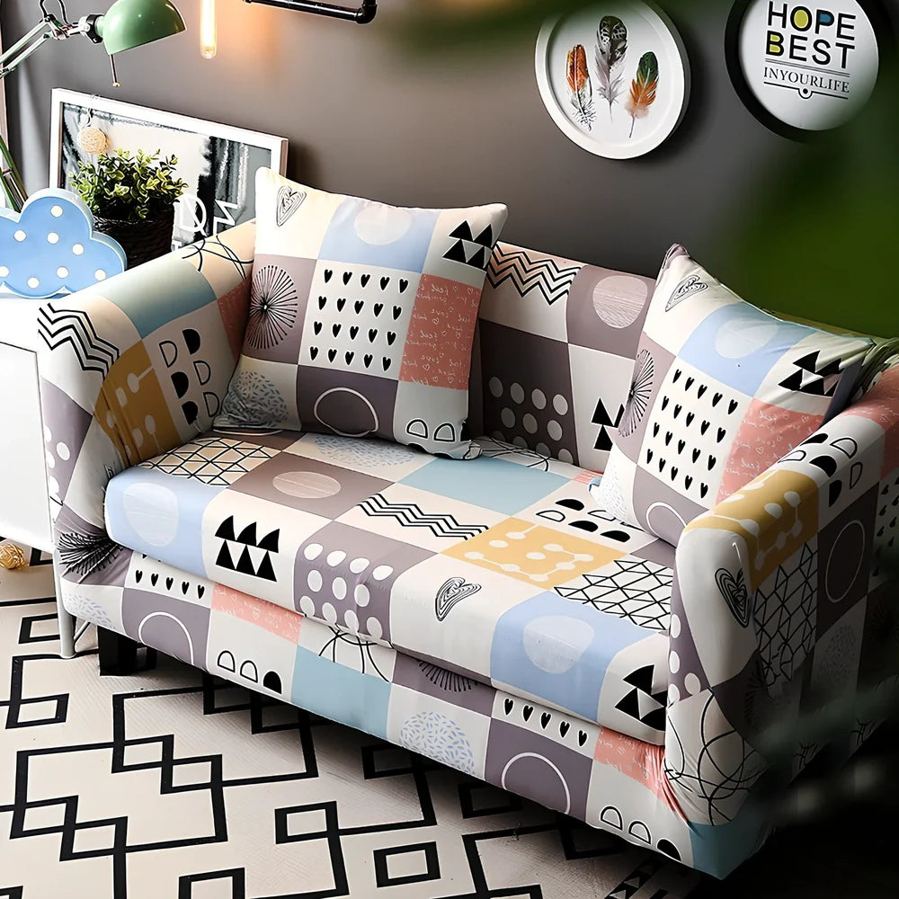 Elastic sofa cover with stripe pattern stretched over 3-seat sofa in living room setting