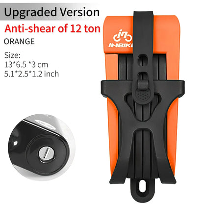 INBIKE mountain bike lock with orange ABS rubber coating showing 12-ton hydraulic resistance rating
