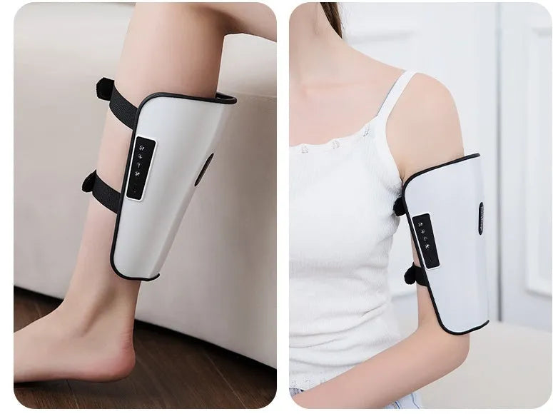 White plastic pulse calf massager with electrotherapy and infrared functions, showing mechanical controls.