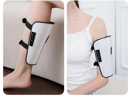 White plastic pulse calf massager with electrotherapy and infrared functions, showing mechanical controls.