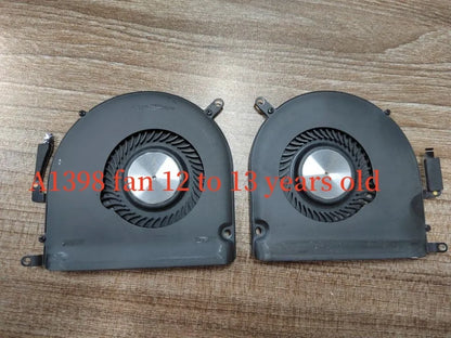 A1398 laptop cooling fan for MacBook models 12-inch to 15-inch, replacement part with plastic housing and metal blades