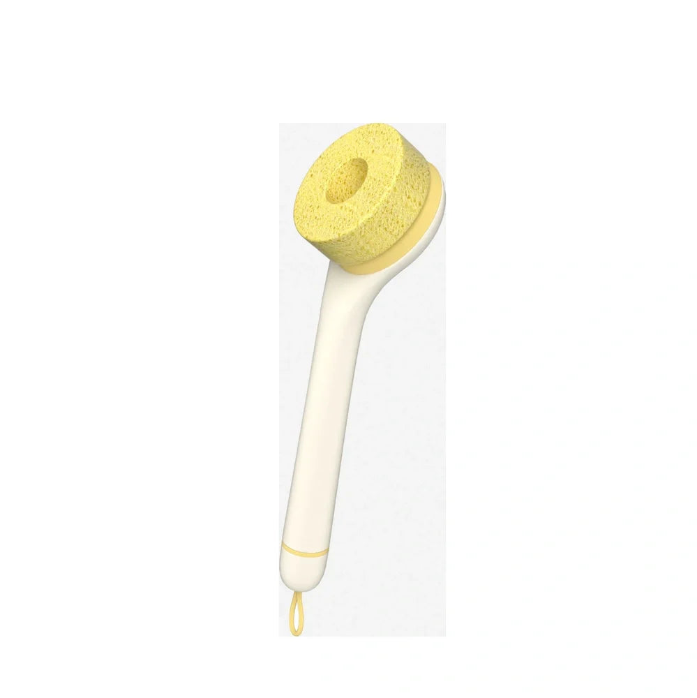 Wood pulp sponge cleaning brush with PP handle, replaceable cotton heads, and integrated peeling knife for pots and dishes
