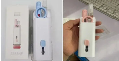 Multifunctional white cleaning pen kit open to show silicone tip, brush, keycap puller, and spray bottle for electronics.
