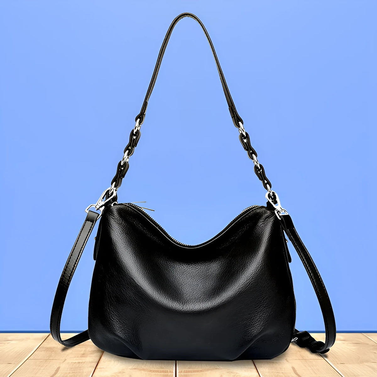Genuine leather women's crossbody shoulder bag 30x8x21cm in apricot, black, or gray with double strap