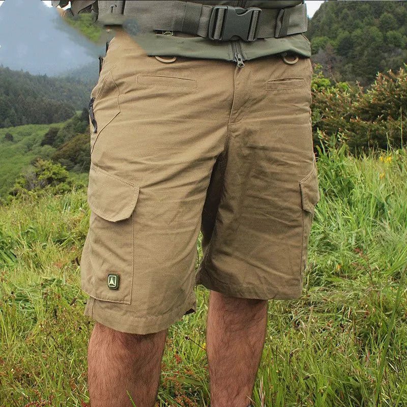 Men's classic tactical shorts in Grey, Army Green, and Khaki, sizes S to XXL