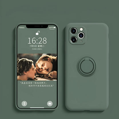 Liquid silicone case with rotating ring bracket for Apple iPhone 12 on a table, shown in green colour.