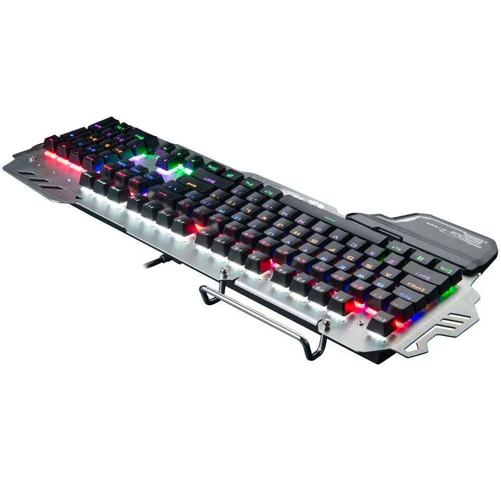 Silver metal gaming keyboard with integrated wrist rest and green mechanical keys on desktop