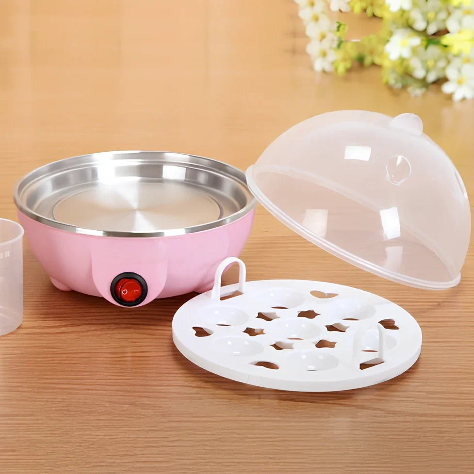 Blue intelligent egg cooker with transparent lid and measuring cup for steam cooking
