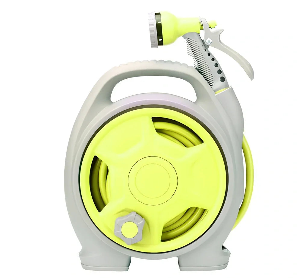 Green car wash hose system with storage frame and collapsible water gun