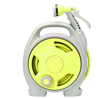 Green car wash hose system with storage frame and collapsible water gun