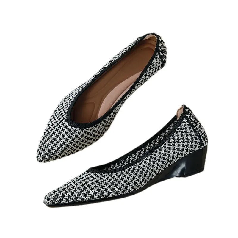 Women's leopard brown flyknit mesh pointed toe wedge pumps with a low rubber sole.
