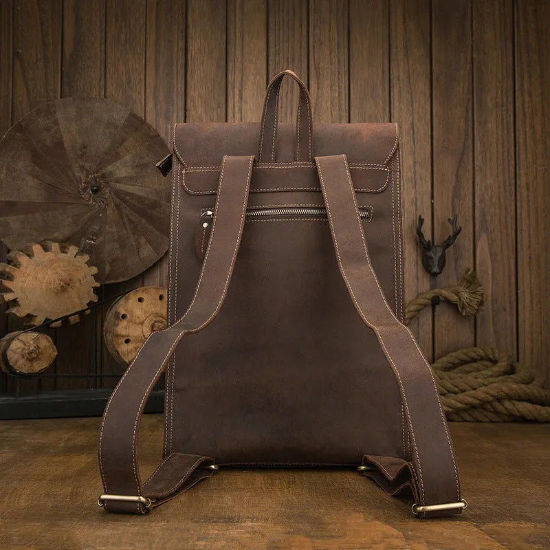 Dark brown genuine leather men's retro-style travel bag with shoulder straps and an external pocket.