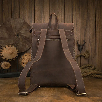 Dark brown genuine leather men's retro-style travel bag with shoulder straps and an external pocket.