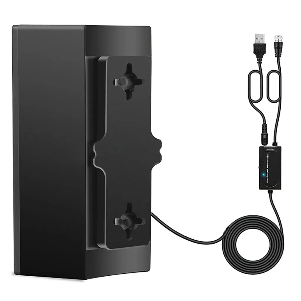 Black plastic digital television antenna measuring 18x16x7cm with expansion tubes and mounting accessories