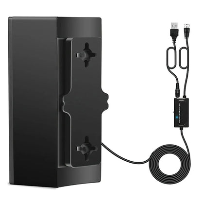 Black plastic digital television antenna measuring 18x16x7cm with expansion tubes and mounting accessories