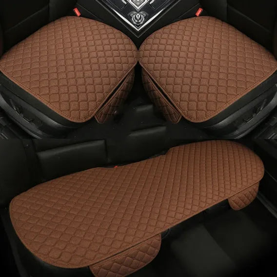 Flax linen car seat cover protector in beige, black, red and brown, with cushion and five-seat style options.