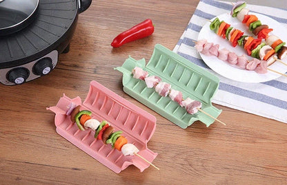 8-frame anti-skid kebab protector for BBQ skewers in green, khaki, blue, and pink