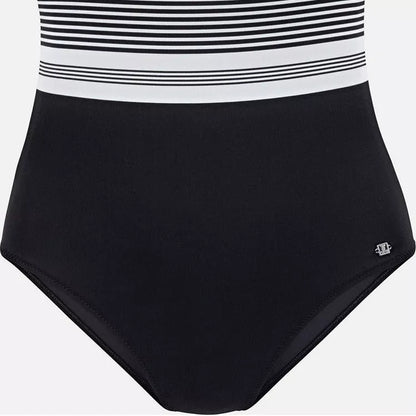 Black one-piece striped swimsuit for women, made from durable nylon