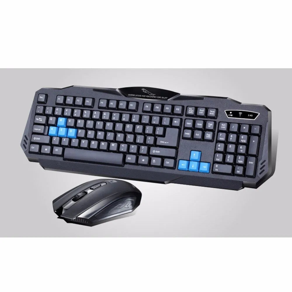 Black wireless keyboard and mouse combo set with USB receiver, ABS plastic, 12000 DPI optical mouse.