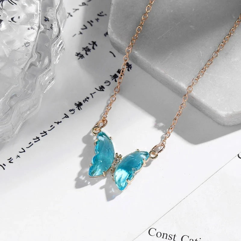 Korean style crystal butterfly necklace with water wave chain in blue, purple, light blue, and pink