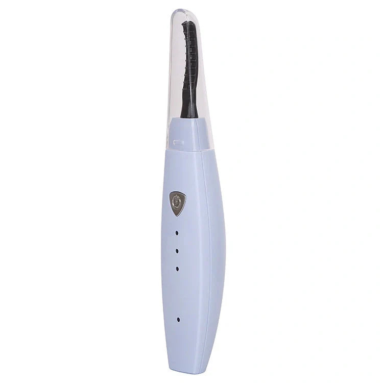 USB rechargeable electric heated eyelash curler in white, pink, black, and blue options