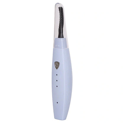 USB rechargeable electric heated eyelash curler in white, pink, black, and blue options
