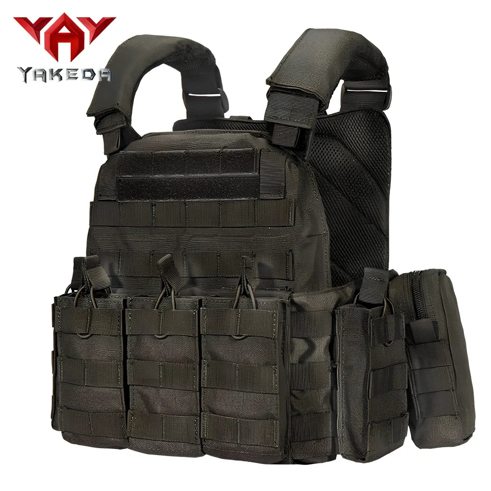 Combat camouflage tactical vest with adjustable waist showing 600D polyester construction and multiple pattern options
